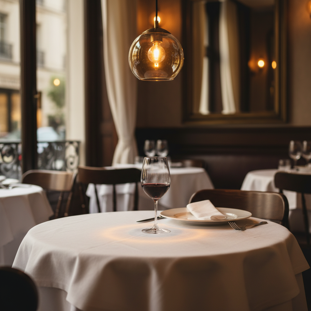 Elegant French bistro table setting with white tablecloth, wine glass, minimal white plate, warm pendant lighting, soft natural light, intimate dining atmosphere