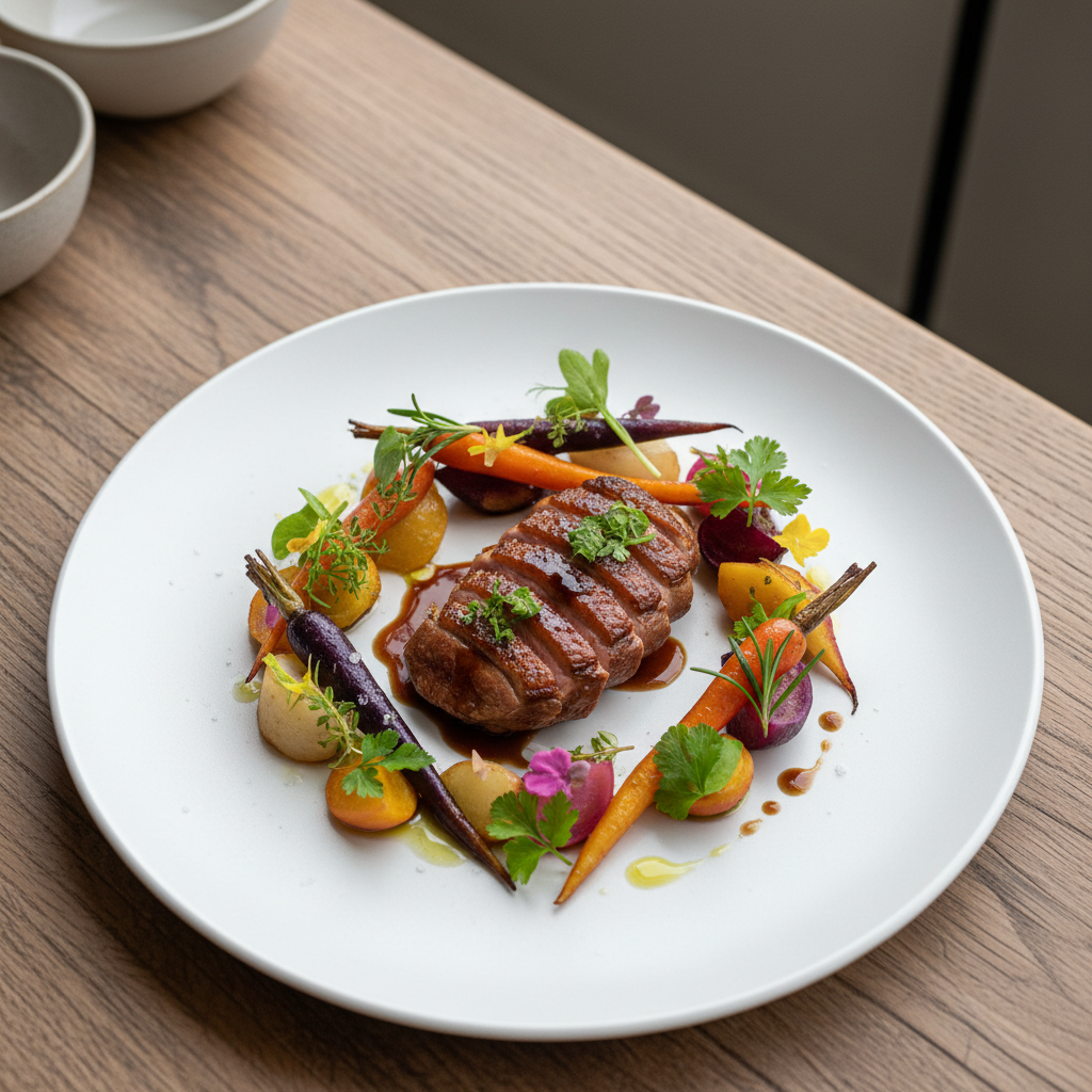 Beautiful plated French dish with fresh herbs and vegetables on minimalist white plate, overhead view, natural wooden table, soft window light, modern bistro aesthetic