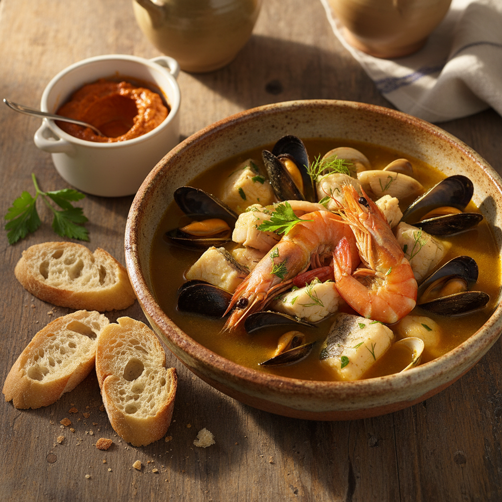 Traditional Provençal bouillabaisse seafood stew with saffron broth, fresh fish, and rouille, served in rustic bowl