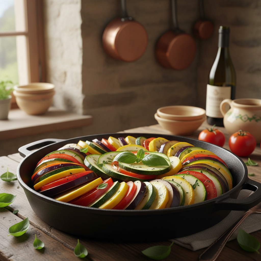 Colorful ratatouille with layered zucchini, eggplant, tomatoes, and bell peppers, Mediterranean vegetables in rustic presentation