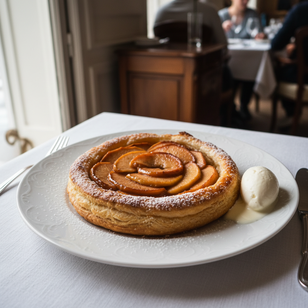 Golden flaky tarte tatin with caramelized apples and buttery puff pastry, classic French dessert with elegant plating